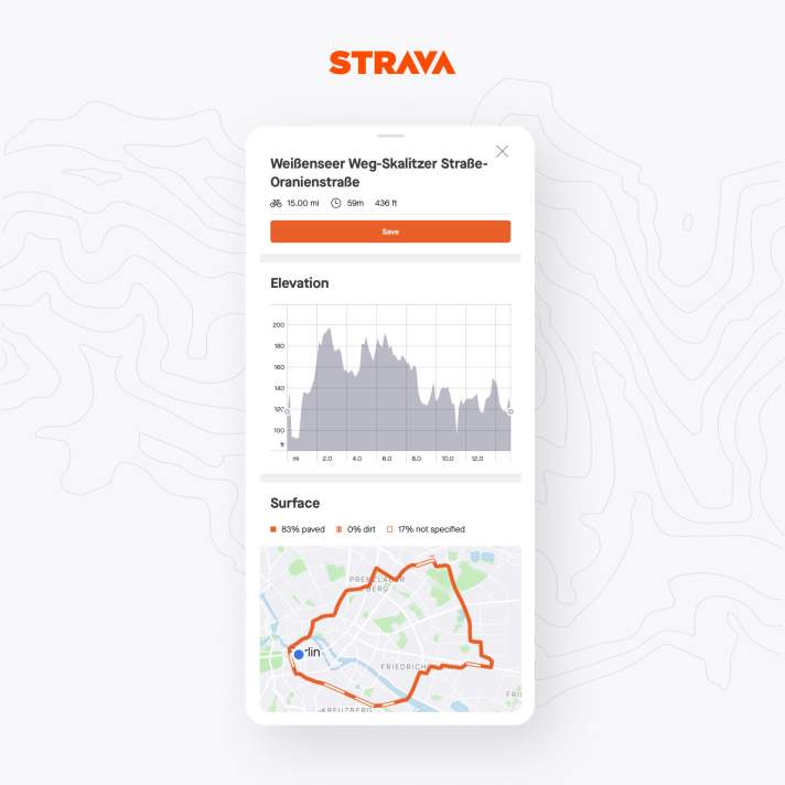   In den Details zu den vorgeschlagenen Routen wird das Höhenprofil und die Untergrundbeschaffenheit auf einer Karte dargestellt. Zoomen ist dort nicht möglich. Zudem unterscheidet Strava nur zwischen den Untergründen asphaltiert, Schotter und nicht bekannt.