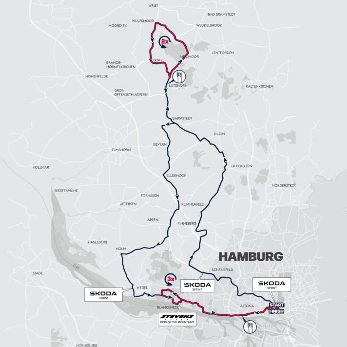 Der  Streckenverlauf des Profirennens bei den Cyclassics Hamburg 2023
