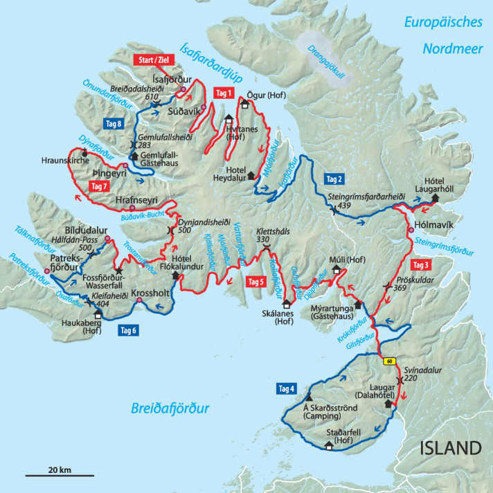 Karte mit Touren Island Westfjord