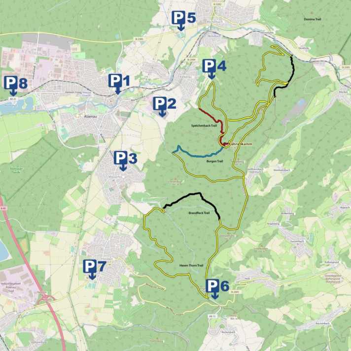   Brandfleck-, Speichenbach-, Burgen- und Giftiger Berg-Trail: Die vier legalen Trails am Hahnenkamm inklusive der ausgewiesenen Parkplätze im Tal.