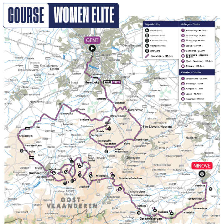 Die Strecke des Omloop het Nieuwsblad der Frauen 2024