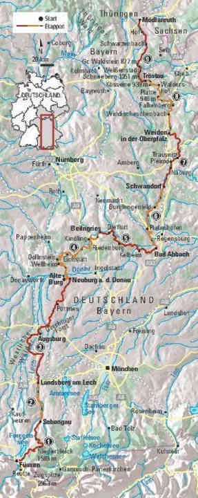 Einmal mit dem Mountainbike durch Bayern: die Übersichtskarte des ersten Teil des Deutschland-Trails.