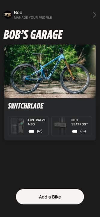 Das Dashboard der Fox Bike App bietet einen Überblick über Bikes mit Live Valve Neo Komponenten.