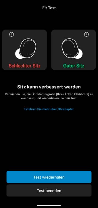 In der Smart Control App von Sennheiser lässt sich der Sitz der Kopfhörer analysieren - und es gibt Tipps, wie der Sitz verbessert werden kann.