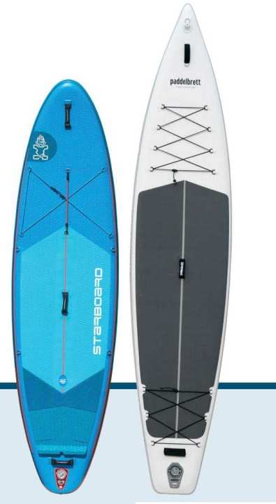 Darauf sollte man beim Kauf oder Leihen eines SUP-Boards achten: das Allround-Board (links) ist breiter und kippstabiler. Es eignet sich vor allem für Anfänger. Auf dem schmaleren Touring-Board sind geübtere Paddler auf längeren Touren schneller unterwegs.