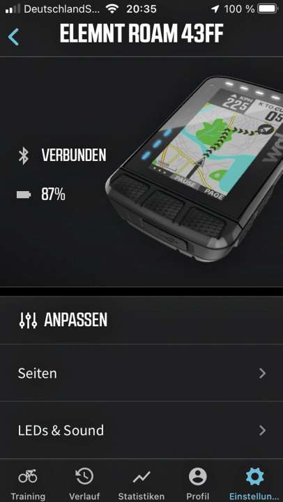 Erst die App von Wahoo öffnet alle Funktionen: Geräte-Einstellungen.