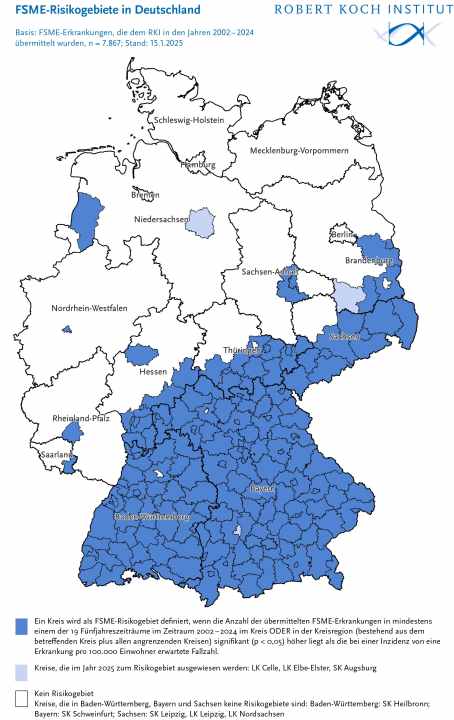 FSME Risiko-Gebiete in Deutschland. Stand 2025.