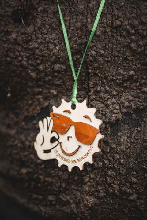   Die Finisher-Medaille ist aus Holz und hat jedes Jahr ein anderes Design. Diese hier gab es voriges Jahr.