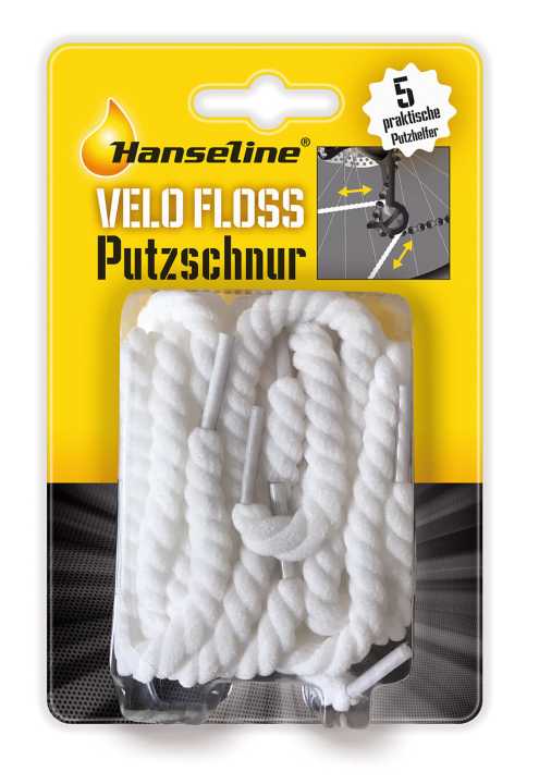   Eine Schnur zum Putzen? Mit der <a href="https://www.awin1.com/cread.php?awinmid=11768&awinaffid=471469&clickref=B+Pflege+Floss+Putzschnur&ued=https%3A%2F%2Fwww.rosebikes.de%2Fhanseline-velo-floss-putzschnur-2673183" target="_blank" rel="noopener noreferrer nofollow">Velo Floss Putzschnur von Hanseline</a> * kann man auch die verwinkelten Zwischenräume reinigen, wo man sonst nur schwer hinkommt. Beispielsweise die Zwischenräume zwischen den Ritzeln, die Achsen oder gewisse Stellen der Kurbel. Das 5er-Set der 51 Zentimeter langen Schnur aus reißfesten Microfasern kostet sechs Euro.
