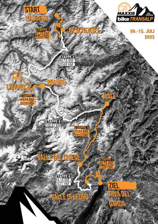 Die 500 Kilometer lange Strecke führt ihn kühnen Schwüngen von Nauders am Reschenpass nach Riva zum Gardasee und kratzt dabei regelmäßig an den Wolken. | Grafik: Veranstalter