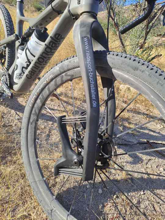 Die Gabel der Isländer Firma Lauf Cycles sieht skurril aus, funktioniert aber tadellos. Die Carbon-Blattfeder-Konstruktion spricht feinfühlig an und bietet bis zu sechs Zentimeter Federweg.