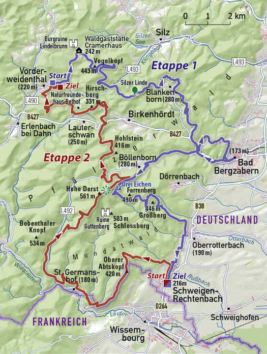 Die zwei Etappen der MTB-Tour durch den südlichen Pfälzerwald in der Übersichtskarte.