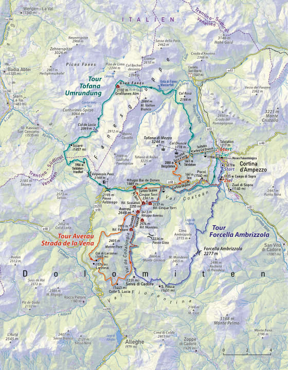 Cortina d’Ampezzo ist wirklich umzingelt von Dolomiten-Promigipfeln.