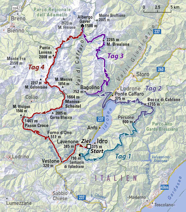 Die 4 Trail-Etappen im großen Kreis um den Idrosee.