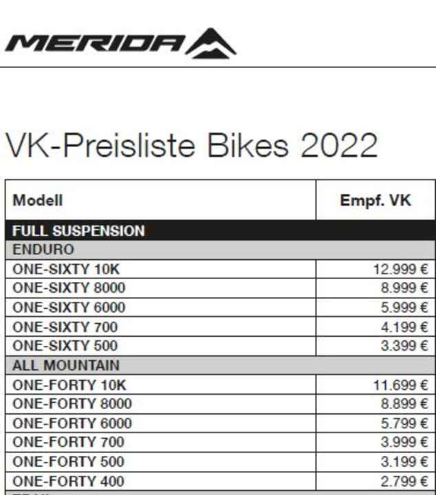 Preisliste Merida One-Sixty & Merida One-Forty