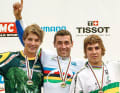 Weltmeister Fabien Barel (mitte) Greg Minnaar (li.), Sam Hill (re.)