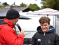 Elias Schwärzler gibt vor seinem Rookie Bike Ride auf dem BIKE Festival noch schnell ein Interview am BIKE Stand..