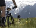 Maxxis BIKE Transalp 2024: vorne der Singletrail durch die Blumenwiese, hinten der Blick auf die Gletscher.