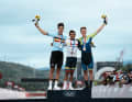 Die Medaillengewinner von Tokio: Straßenrennen der Männer - Gold: Richard Carapaz (Ecuador), Silber: Wout van Aert (Belgien), Bronze: Tadej Pogacar (Slowenien)