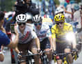 In der dritten Woche der Tour de France 2023 gehörte Felix Gall zu den stärksten Fahrern, auf dem Bild zusammen mit Tadej Pogacar und Jonas Vingegaard.