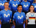 Liane Lippert bei der Teampräsentation von Movistar im Dezember mit Enric Mas (links) und Nairo Quintana (mitte).