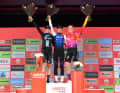 Liane Lippert auf dem Dritten Platz beim Amstel Gold Race Ladies 2022, Zweite wurde Demi Vollering. Marta Cavalli gewann das Rennen 