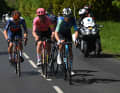 Die Fluchtgruppe des Tages aus Remy Rochas (Groupama-FDJ), Nicolas Prodhomme (Decathlon AG2R La Mondiale), Harry Sweeny (EF Education EasyPost) und Christopher Juul-Jensen (Team Jayco-AlUla).