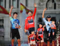 Die ersten drei der Gesamtwertung (v.l.): Ben O’Connor, Primoz Roglic und Enric Mas.