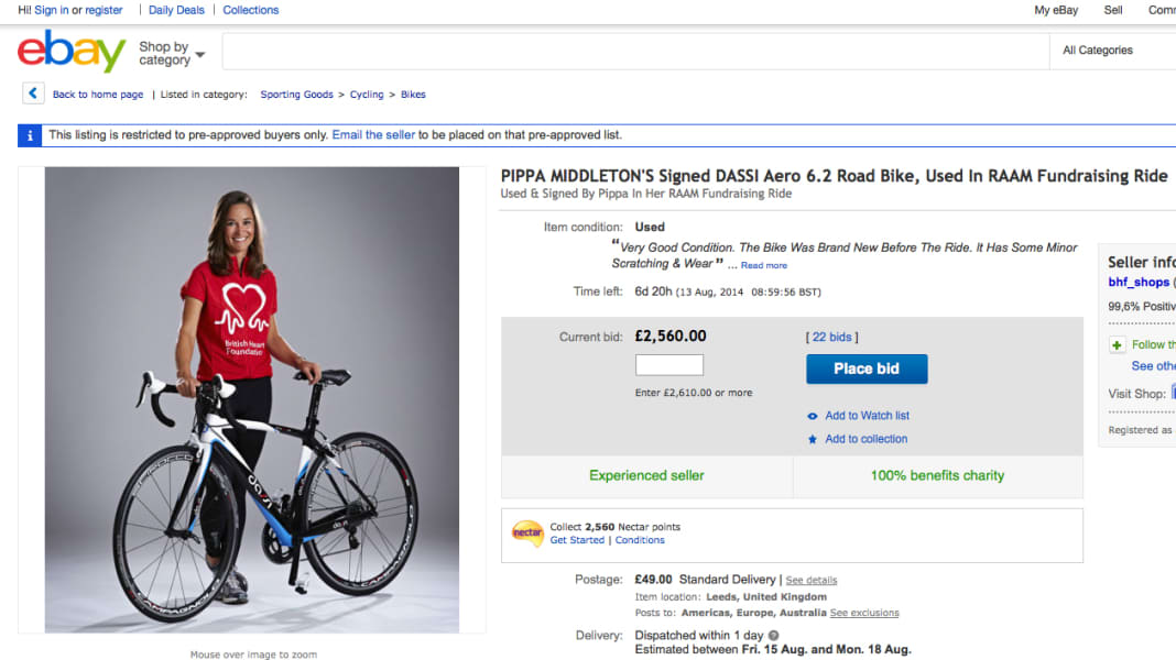 Pippa Middleton versteigert Rennrad auf ebay