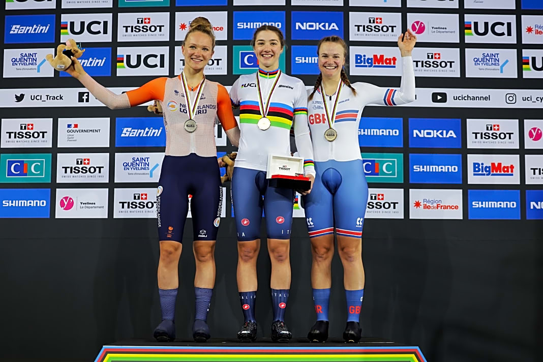 Scratch der Damen: Gold Martina Fidanza (Italien), Silber Maike van der Duin (Niederlande), Bronze Jessica Roberts (Großbritannien)