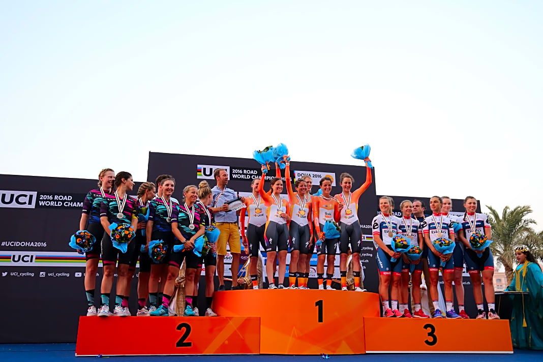 Alle Weltmeisterinnen & Weltmeister der Rad-WM 2016: Teamzeitfahren Damen: Gold Boels-Dolmans Cycling Team (Niederlande), Silber Canyon//SRAM Racing (Deutschland), Bronze Cervelo-Bigla Pro Cycling (Schweiz)