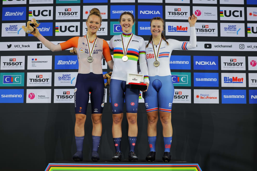 Scratch der Damen: Gold Martina Fidanza (Italien), Silber Maike van der Duin (Niederlande), Bronze Jessica Roberts (Großbritannien)