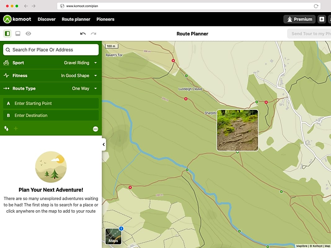 Ein Klick auf die grünen Punkte öffnet Vor-Ort-Bilder von Wegen und Trails.