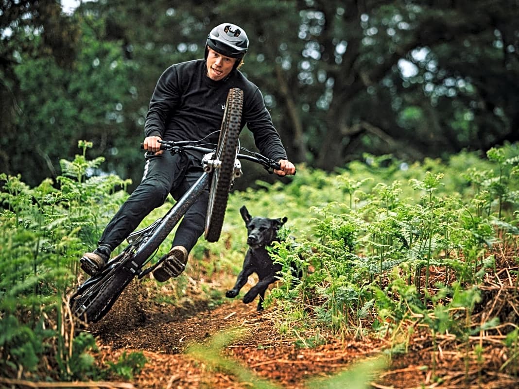 Braaap! 50to01-Shredder Sam Hockenhull fräst durch seinen Hometrail, sein Hund folgt. Legale Trails in Stadtnähe gelten als Lösung für Konflikte im Wald.