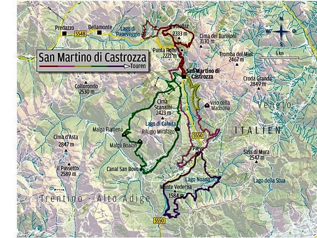 Die fünf Sternfahrten rund um die Pale di San Martino.