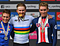 Stationen von Magnus Sheffield: 2019 bei der Rad-WM in Harrogate. Sheffield (rechts im Bild) holt Bronze im Straßenrennen der Junioren hinter Quinn Simmons (USA) und Alessio Martinelli (Italien)