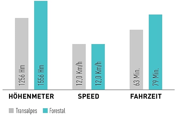 Vergleich Transalpes vs. Forestal mit einem 68-Kilo-Fahrer 