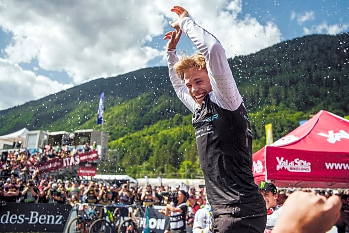   Laurie Greenland celebrates at UCI DH World Cup in Val di Sole, Italy on August 3rd, 2019