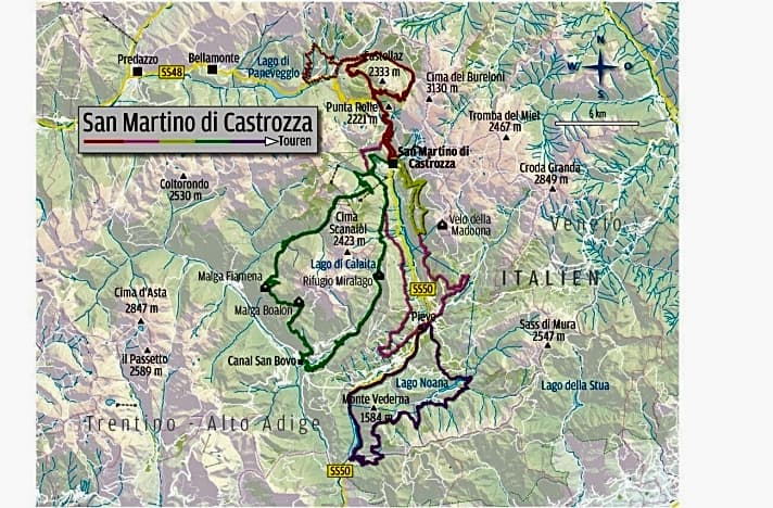   Die fünf Sternfahrten rund um die Pale di San Martino.