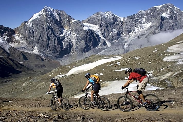   Das Panorama von Königsspitze, Zebru und Ortler begleiten Biker bei der Tour aufs Madritschjoch.