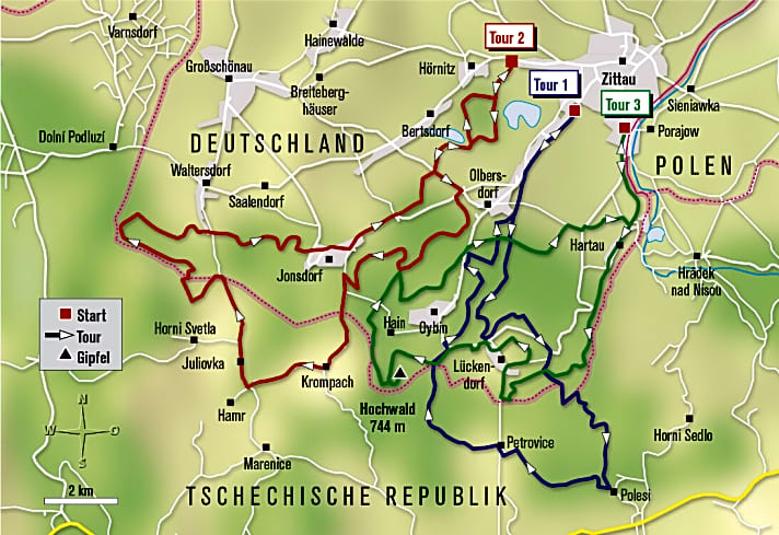   Drei MTB-Touren im Zittauer Gebirge kreuzen gelegentlich die Grenzen Deutschlands, Polens und der Tschechischen Republik. Pass nicht vergessen.