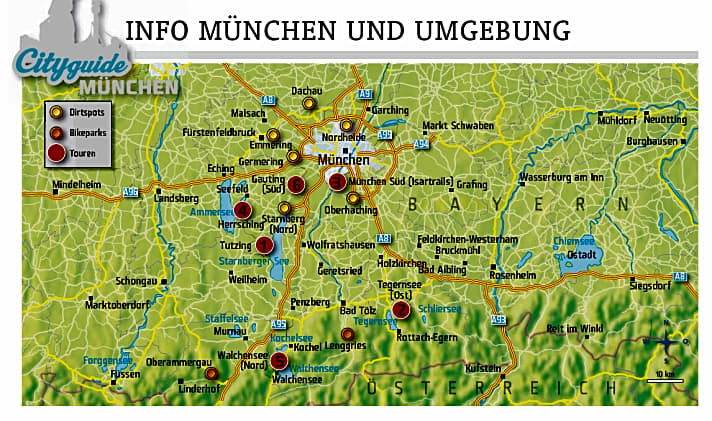   Die Übersichtskarte mit den sechs MTB-Touren rund um München.
