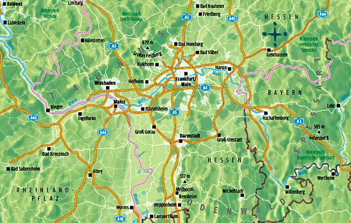   Übersichtskarte: Nordwestlich von Frankfurt erhebt sich der Taunus.