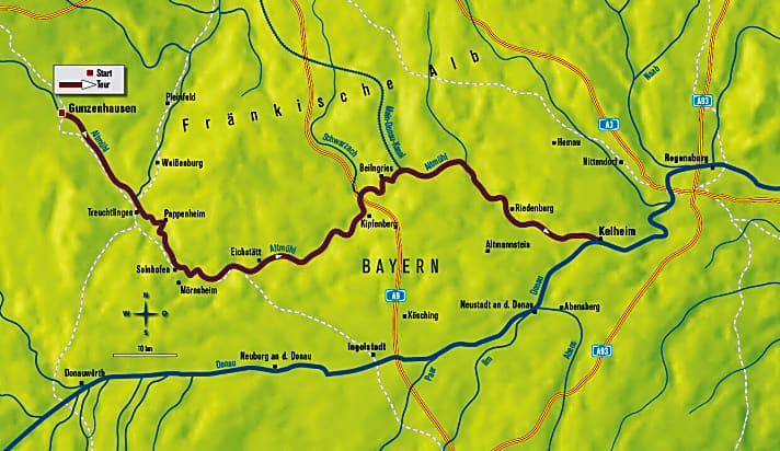   Die Route des Altmühltal-Panoramawegs in der Übersichtskarte.
