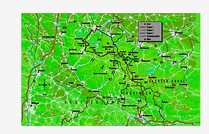   Die Übersichtskarte zeigt die drei Etappen der Harz-Durchquerung. Dabei überquert man zwei Mal den Brocken.