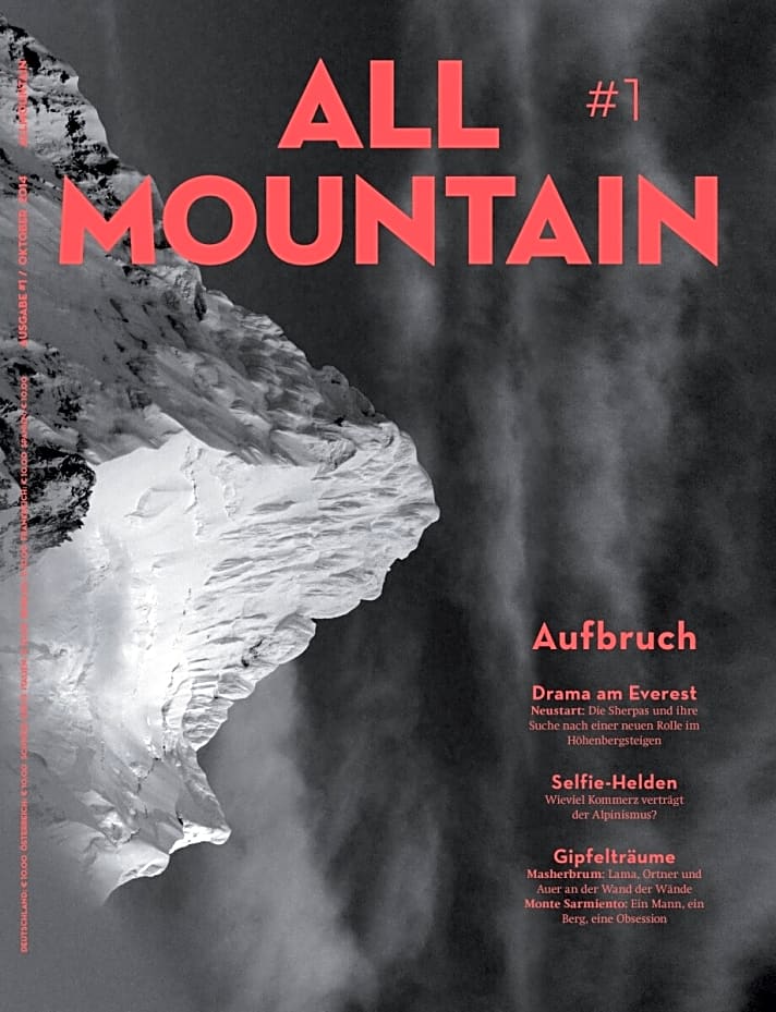   Schwerpunktthema der ersten Ausgabe ALLMOUNTAIN 2014: "Aufbruch" – Geschichten über das neue Zeitalter des Alpinismus. 