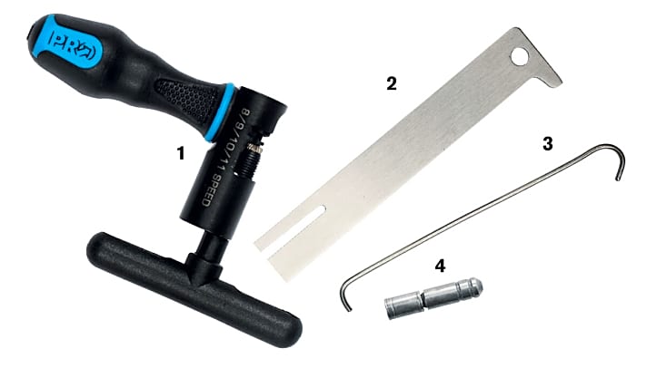   Diese Werkzeuge brauchen Sie: 1. Kettennieter, 2. Kettenverschleißlehre, 3. Kettenklammer, 4. Kettennietstift