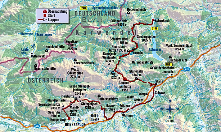   Die Übersichtskarte zu unserer Karwendel-Durchquerung von Innsbruck an den Achensee.