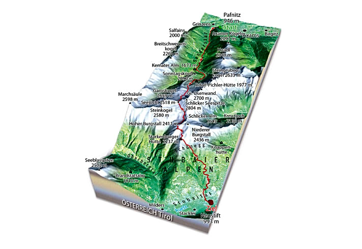  Der Seejöchl-Trail beginnt in Pafnitz bei Axams auf etwa 900 Meter.
