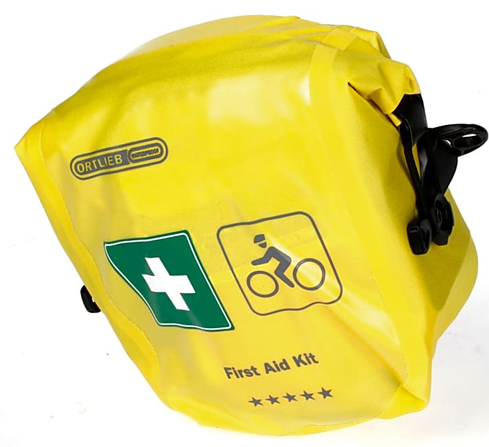   Erste-Hilfe-Paket für die Bike Tour: Hat im Test wegen seines durchdachten Verbandsortiments und Erste-Hilfe-Anleitung am besten abgeschnitten: First Aid Kit von Ortlieb, 49,95 Euro